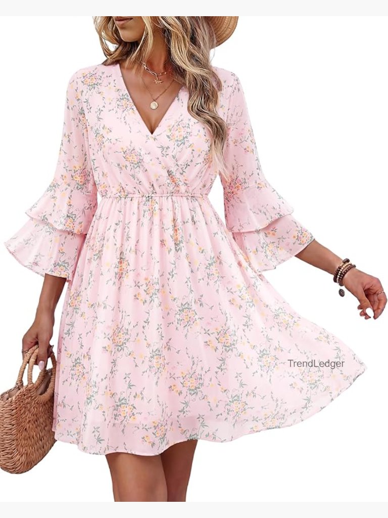 3/4 Ruffle Sleeve V Neck Flowy Chiffon Layers Swing Dress